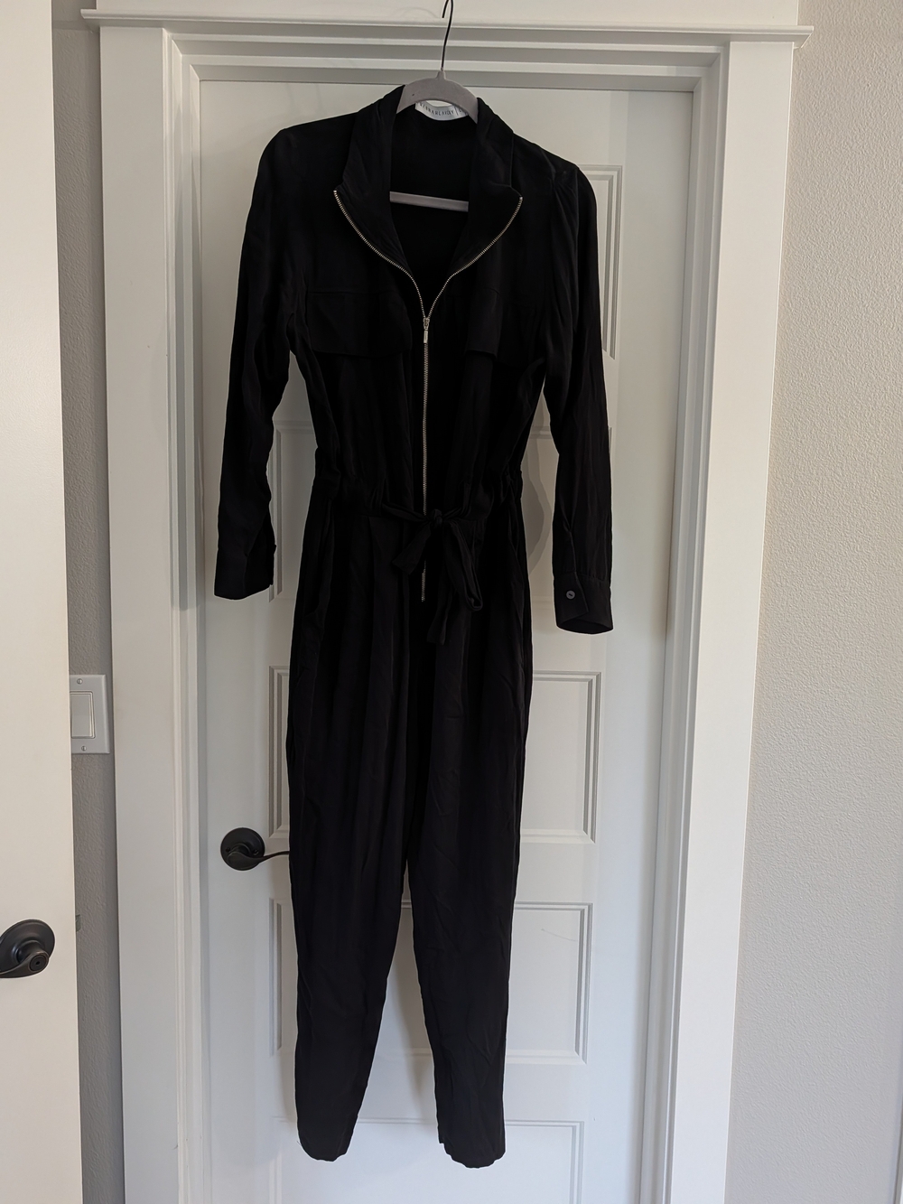 Black Zip-Front Long Sleeve Jumpsuit with Tie Waist